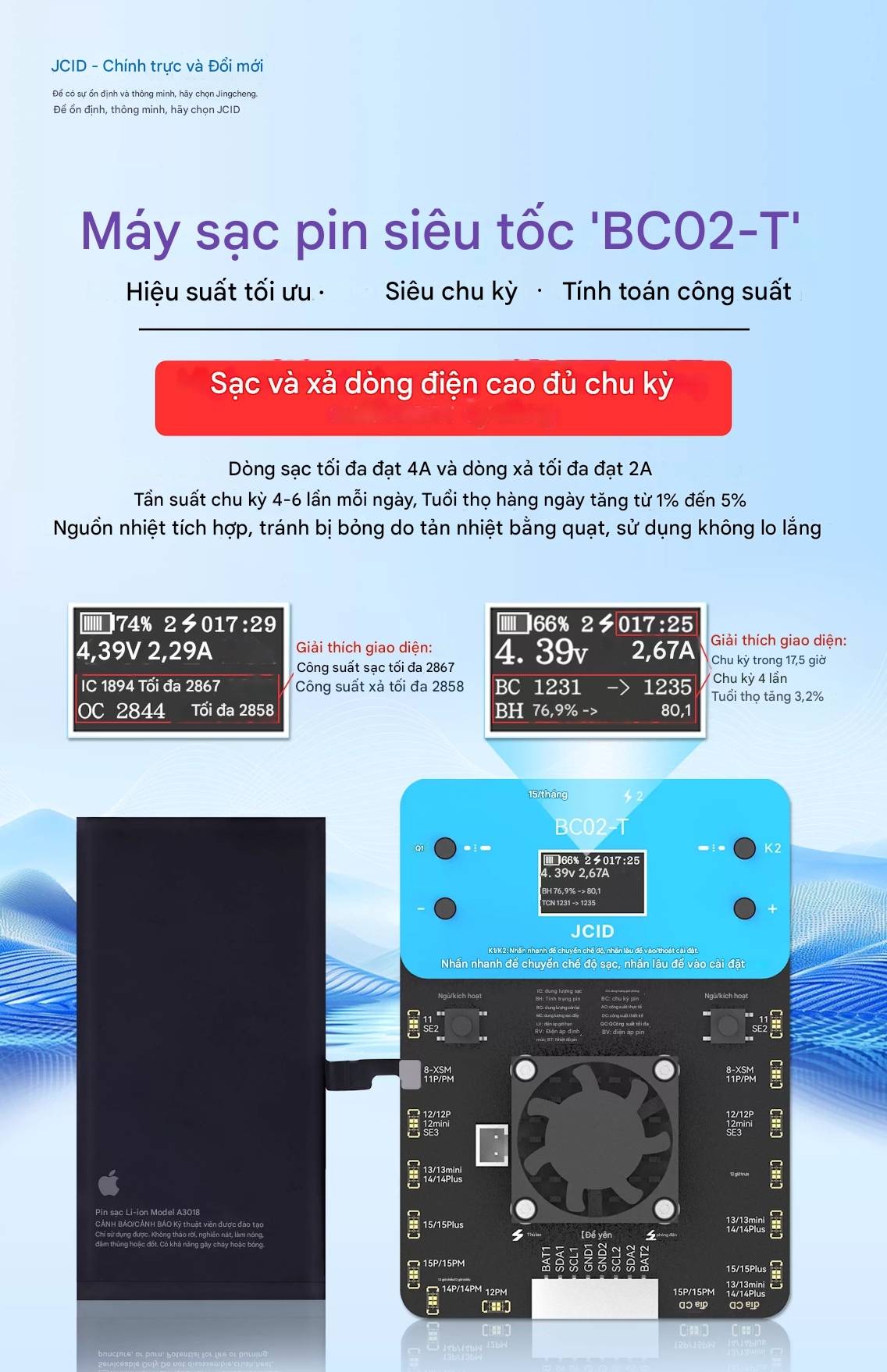 de test kiem tra pin iPhone jcid BC02-T - 1 Đế test kiểm tra pin JCID BC02-T kích pin iPhone 11 - 15 ProMax