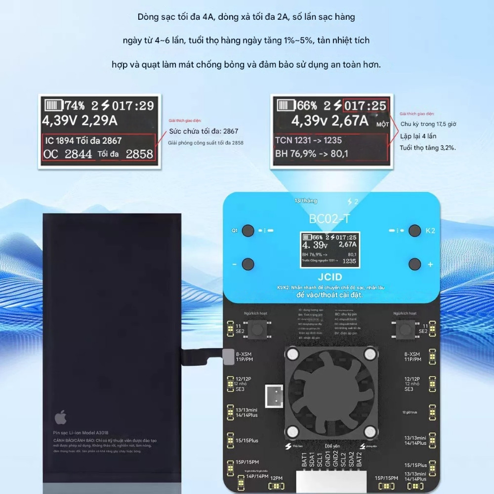 de test kiem tra pin iPhone jcid BC02-T - 1 Đế test kiểm tra pin JCID BC02-T kích pin iPhone 11 - 15 ProMax
