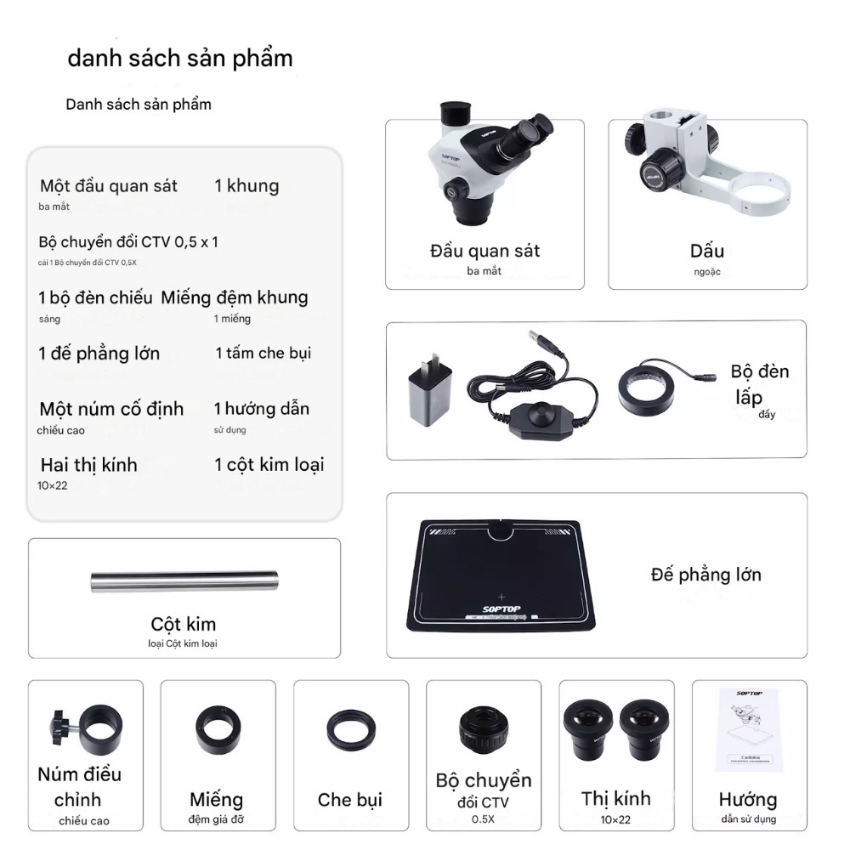 Kính hiển vi SOPTOP SZM-7060Pro 3 mắt, phóng đại 60X
