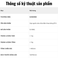 Dây cấp nguồn Sunshine SS-908G iPhone 16/16Plus/16Pro/16ProMax