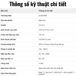 Máy hàn Sunshine 210 Pro công suất 100W, dùng mũi hàn C210