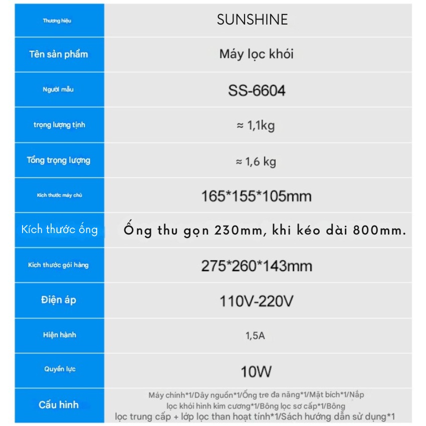 Máy hút khói Sunshine SS-6604 hút mùi, lọc khói đa năng