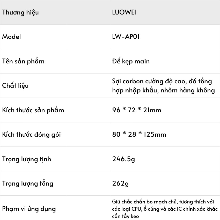 Đế kẹp main Luowei LW-AP01 kẹp cpu, ic, ổ cứng đa năng 10 Đế kẹp main Luowei LW-AP01 kẹp cpu, ic, ổ cứng đa năng