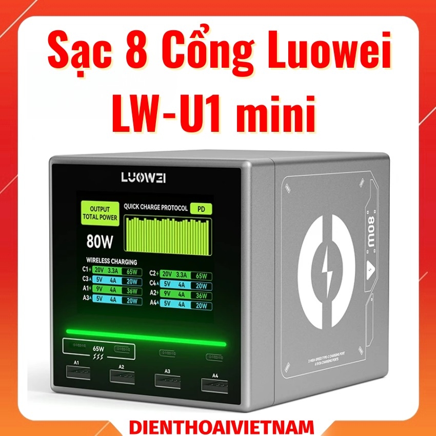 Sạc 8 cổng Luowei LW-U1 mini 80W tích hợp màn hình hiển thị