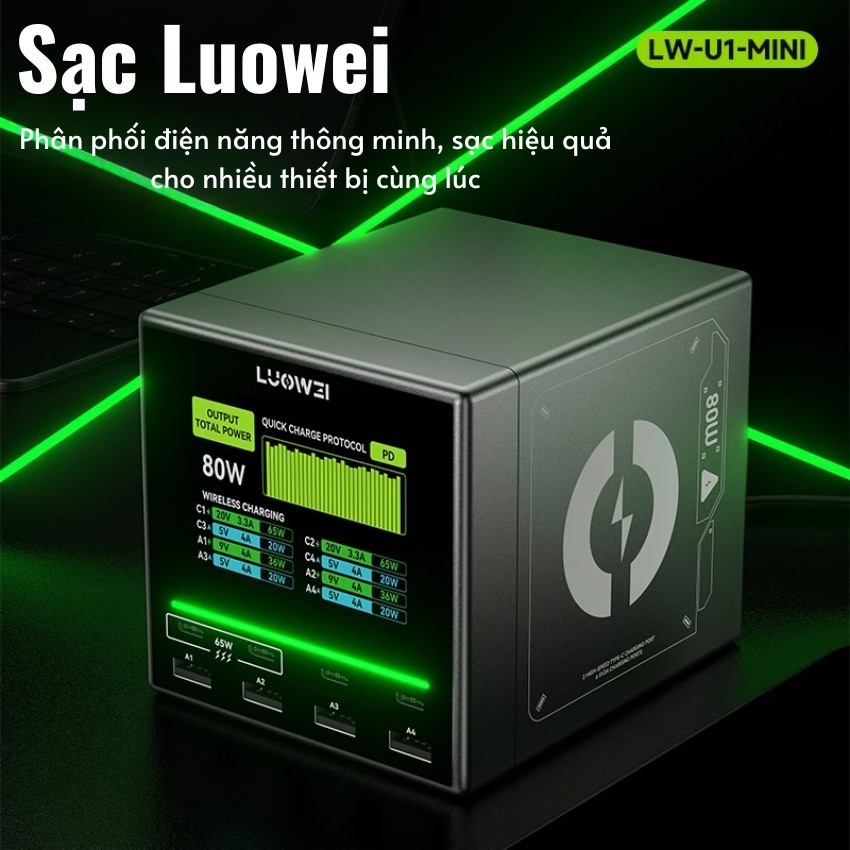 Sạc 8 cổng Luowei LW-U1 mini 80W tích hợp màn hình hiển thị, sạc không dây 7 Sạc 8 cổng Luowei LW-U1 mini 80W tích hợp màn hình hiển thị