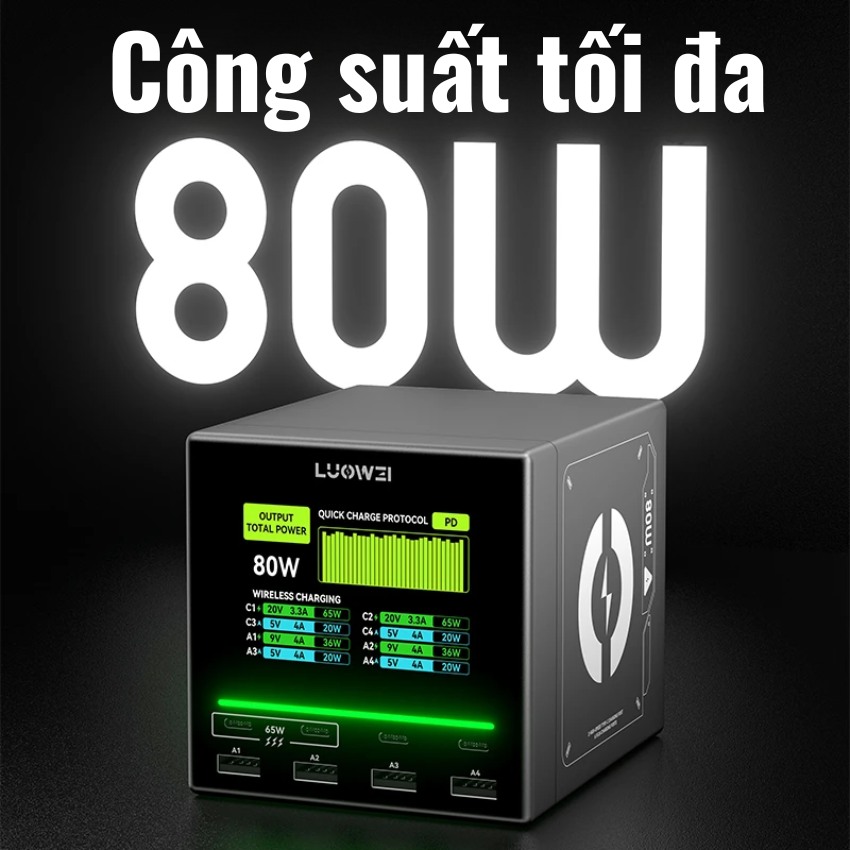 Sạc 8 cổng Luowei LW-U1 mini 80W tích hợp màn hình hiển thị, sạc không dây 6 Sạc 8 cổng Luowei LW-U1 mini 80W tích hợp màn hình hiển thị