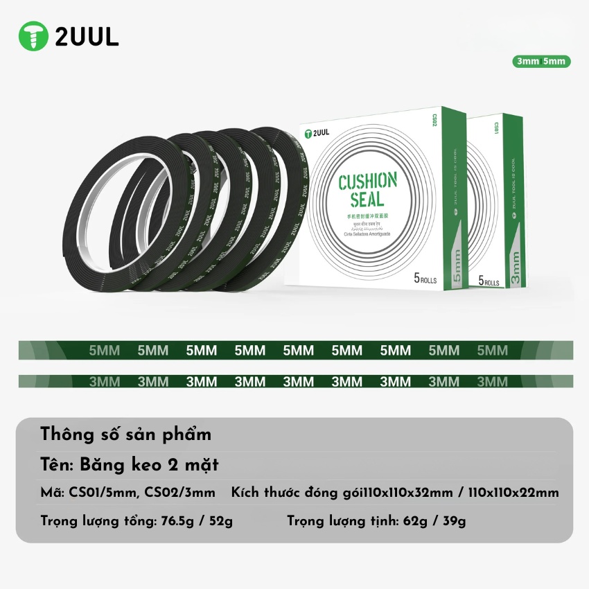 Băng keo 2 mặt 2UUL CS01 CS02 Cushion Seal Tape 3mm - 5mm cố định khung, màn hình