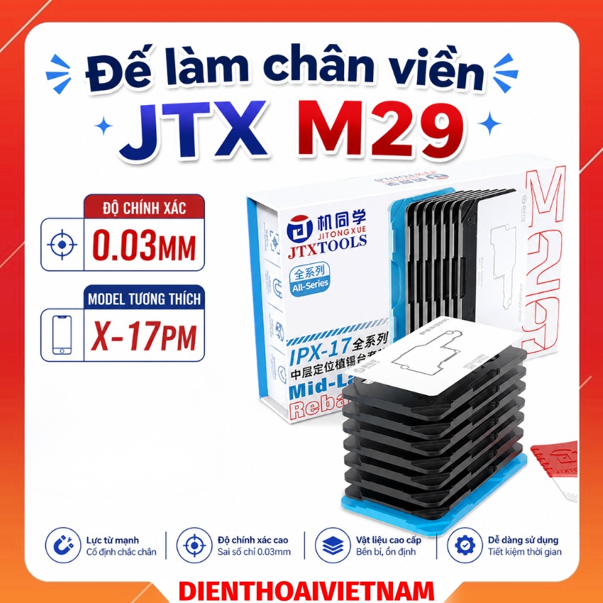 Đế làm chân viền JTX M29 iPhone X – 17ProMax Mid-Layers Reballing Platform có hút nam châm, không cần giữ tay