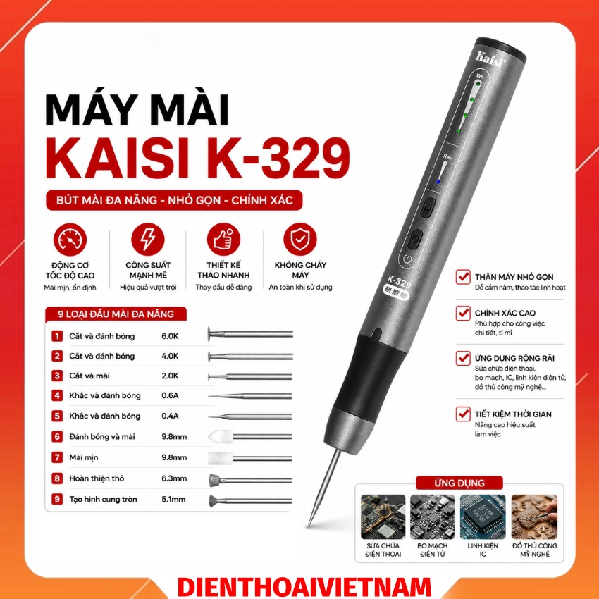 Máy mài Kaisi K-329 Multi-function Electric Polishing Pen, kèm 9 mũi mài