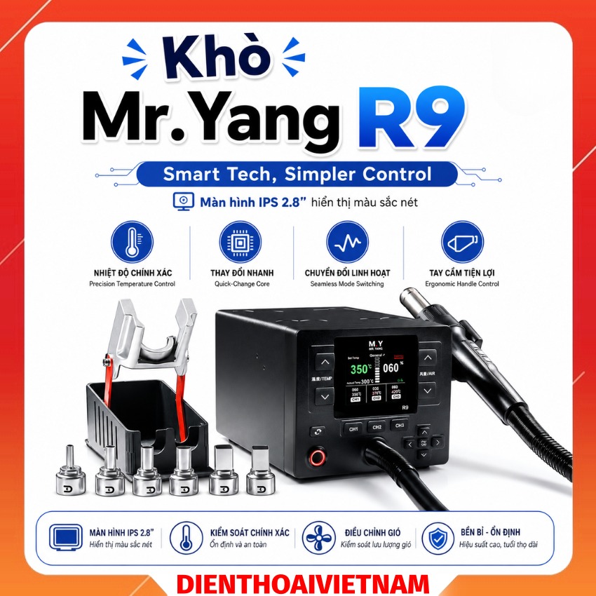 Máy khò Mr.Yang R9 Hot Air Gun, kèm 6 đầu khò