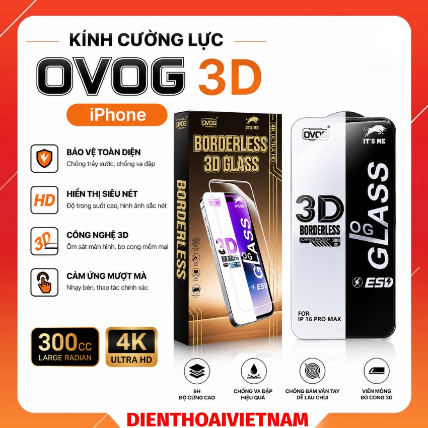 Kính cường lực iPhone OVOG 3D Borderless 3D Tempered Glass Screen Protector từ iPhone XS - iPhone 17 ProMax chống tĩnh điện
