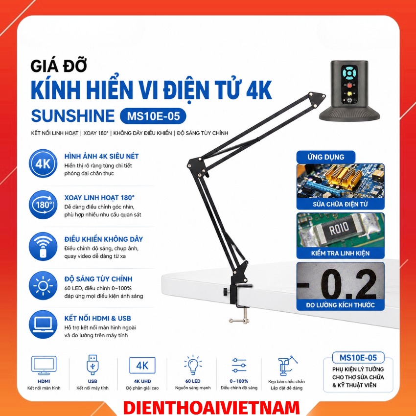 Giá đỡ + Kính hiển vi điện tử Sunshine MS10E-05 4K HD Digital Microscope Universal Stand chỉnh góc 180°