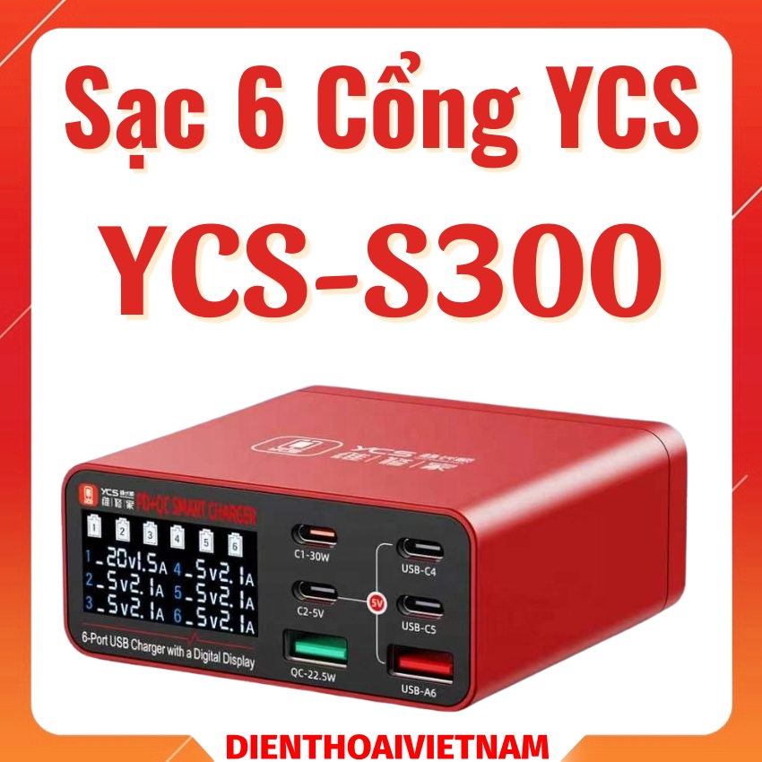 Sạc 6 cỏng YCS S300 6-Port PD QC Smart Charger with Digital Display