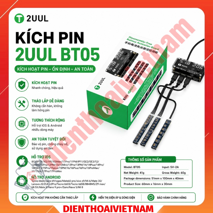 Kích pin 2UUL BT05 Disassembly-Free Battery Activation Board, hỗ trợ iPhone - Android không cần tháo rời