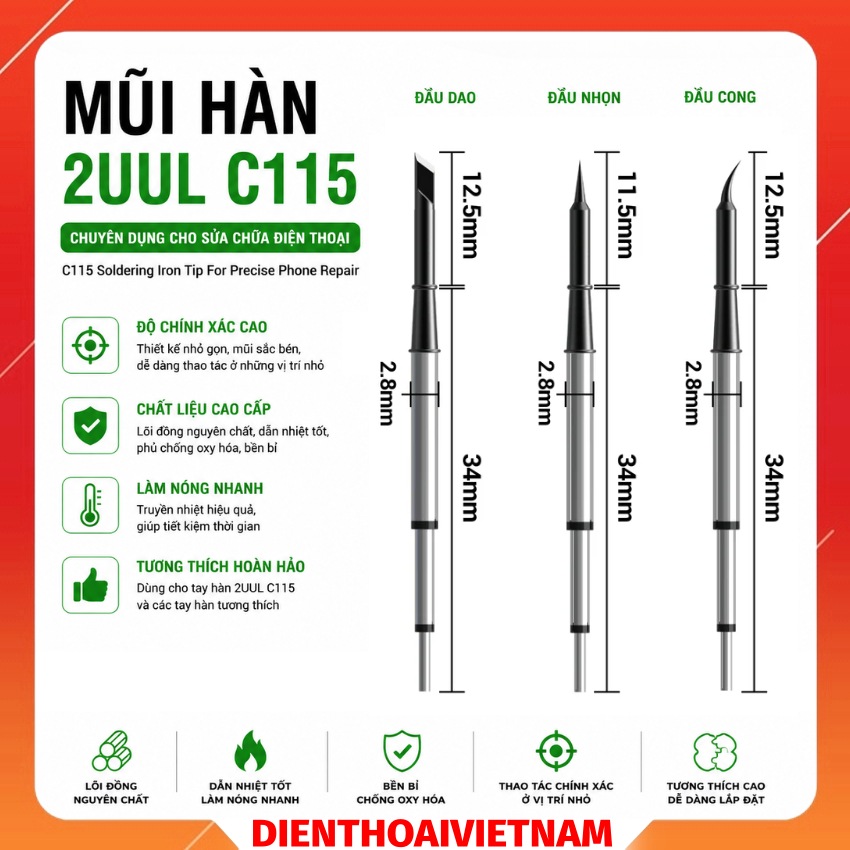Mũi hàn 2UUL C115 Soldering Iron Tip for C115, Cong - Thẳng - Dao