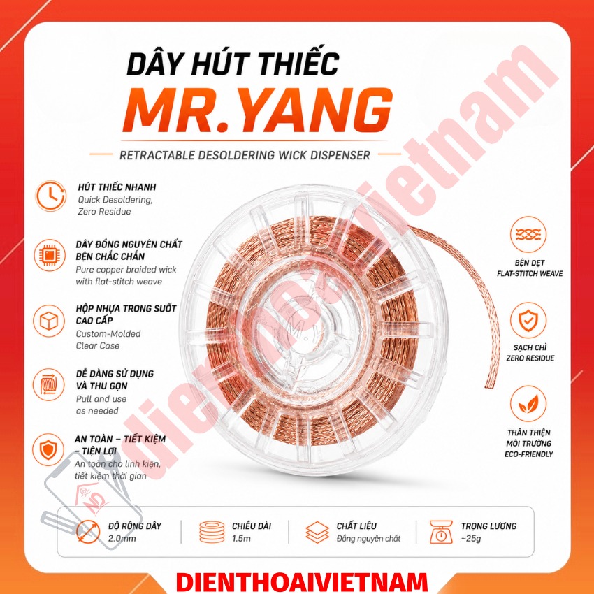 Dây hút thiếc Mr.Yang Desoldering Wick 2.0mm - 2.0m, hút thiếc nhanh