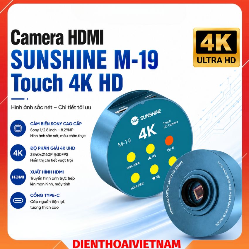 Camera HDMI SUNSHINE M-19 Touch 4K HD quay siêu nét, kết nối kính hiển vi