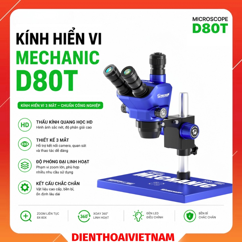 Kính hiển vi Mechanic D80T Microscope, Zoom 8X – 80X