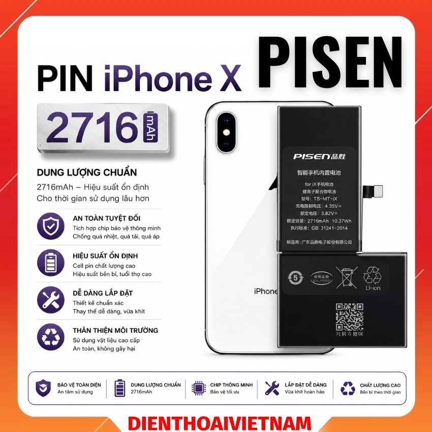 Pin Pisen iPhone X dung lượng 2716 mah