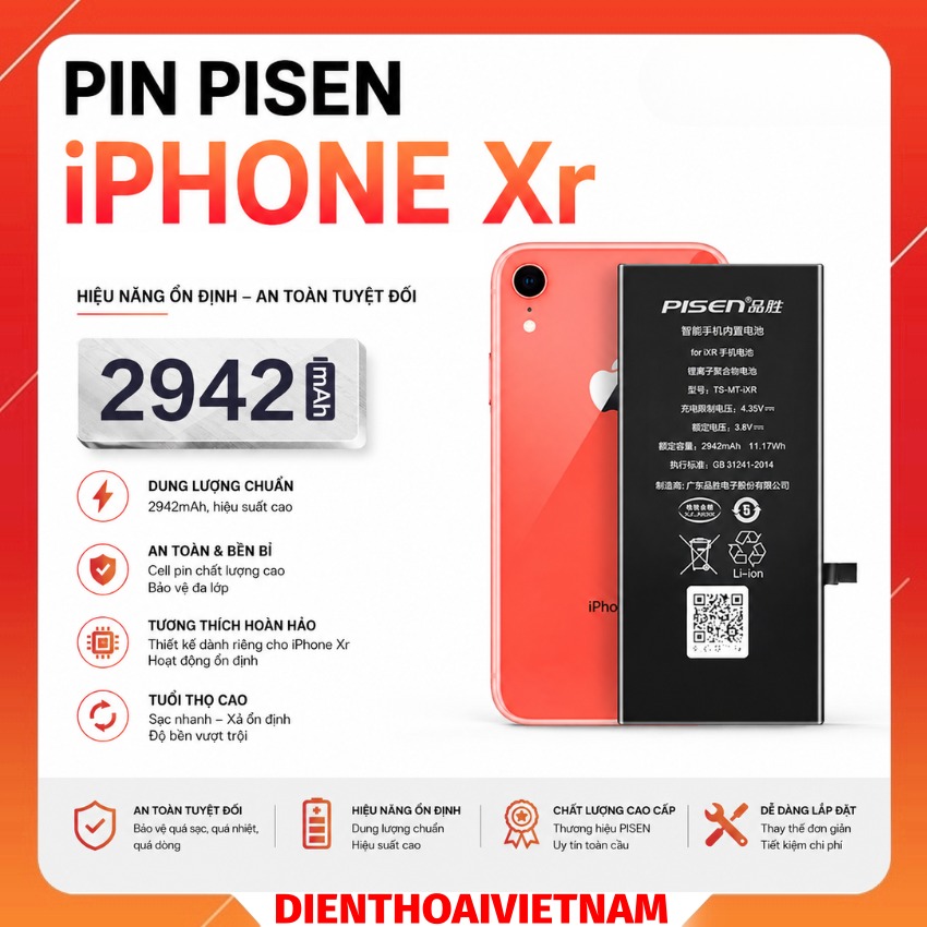 Pin Pisen iPhone Xr dung lượng 2942 mAh