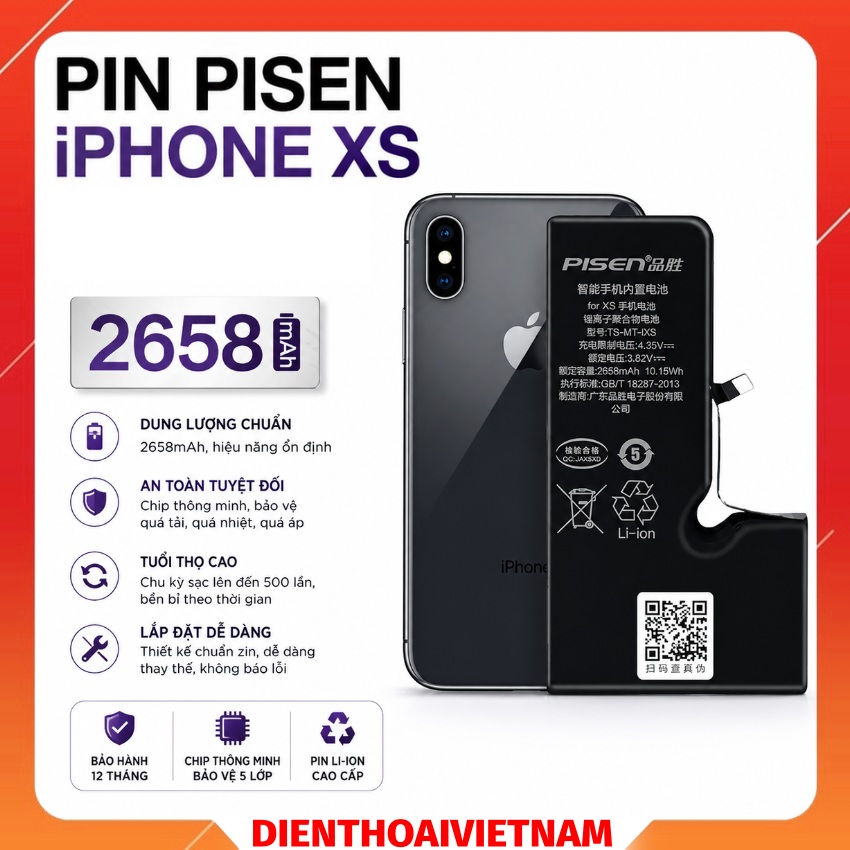Pin Pisen iPhone Xs dung lượng 2658 mAh