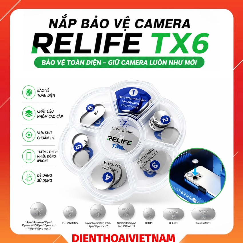 Nắp bảo vệ Camera Relife TX6 Phone lens protective cover set hỗ trợ iPhone 8 - 17 ProMax