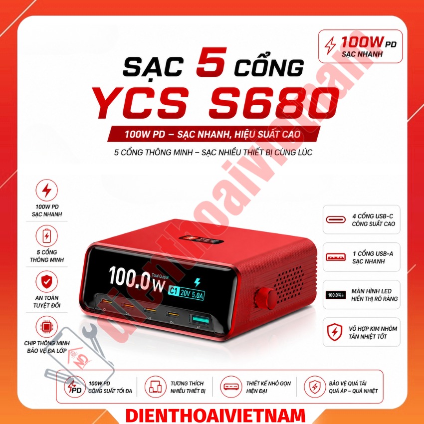 Sạc 5 cổng YCS S680 Multi-Port Charger, công suất 100W