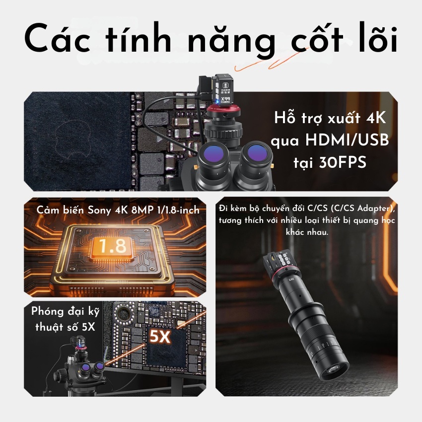 Camera HDMI YCS X99 Industrial Camera quay siêu nét, kết nối kính hiển vi