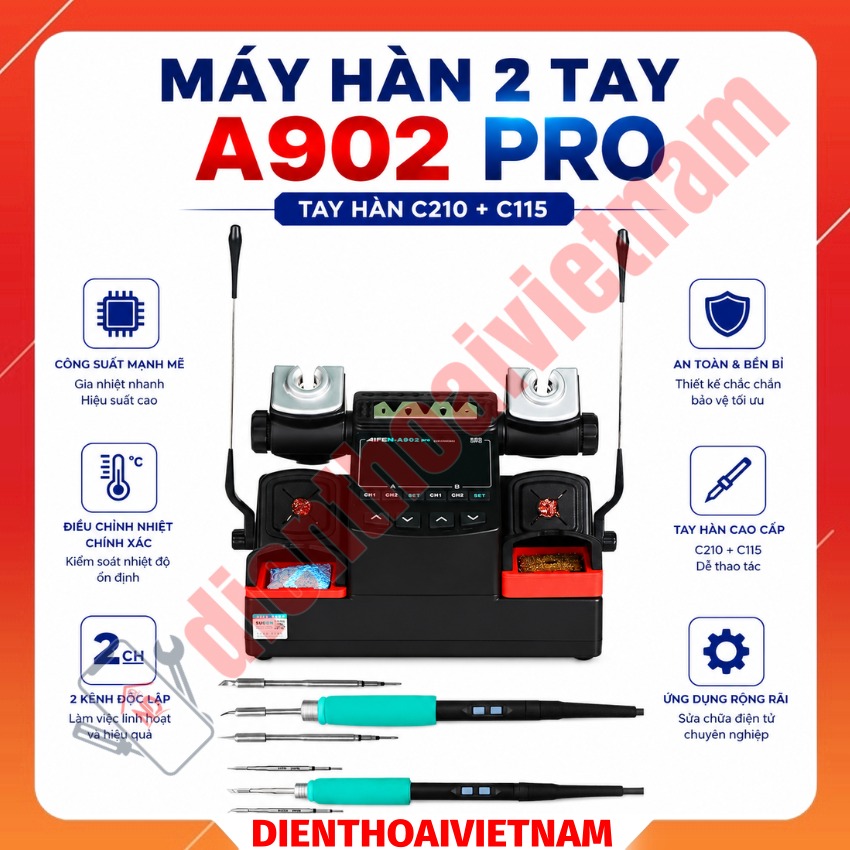 Máy hàn 2 tay Aifen A902 Pro Soldering Station, hỗ trợ tay hàn C210 - C115
