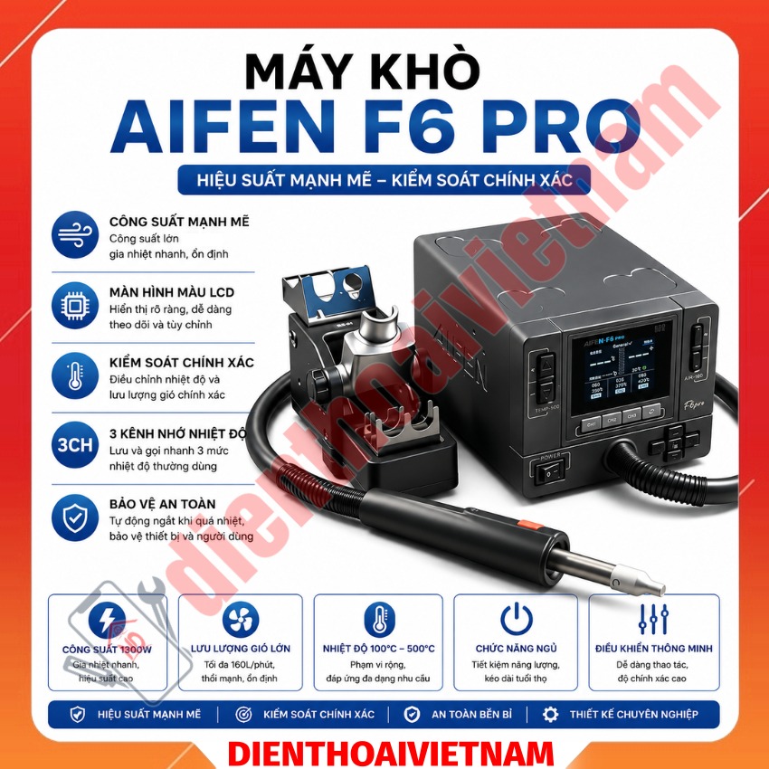 Máy khò Aifen F6 Pro Hot Air Gun, tặng kèm 6 đầu khò