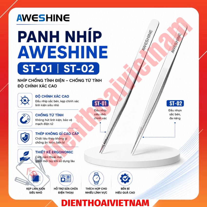 Panh nhíp Aweshine ST-01 / ST-02 Tweezers đầu thẳng siêu nhọn, hỗ trợ câu dây, gắp linh kiện nhỏ