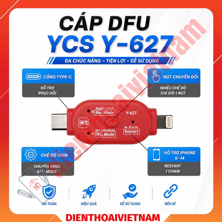 Cáp DFU & Recovery YCS Y-627 hỗ trợ iPhone 6 - 14 / Samsung, chạy phần mềm