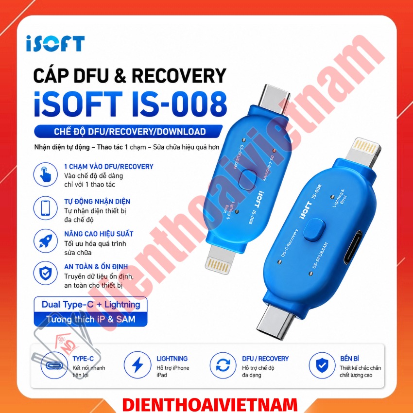 Cáp DFU & Recovery iSoft IS-008 hỗ trợ iPhone - Samsung, chạy phần mềm