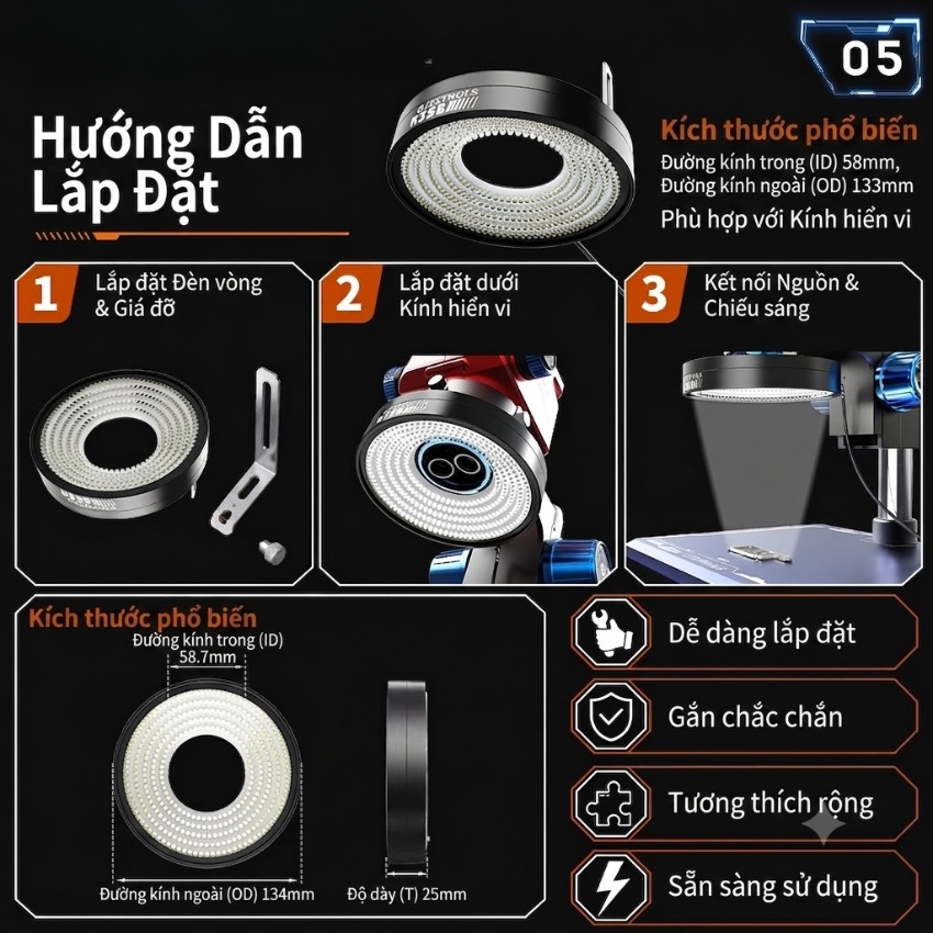 Đèn Led kính hiển vi JTX K352 Coaxial Ring Light, 352 bóng led không bóng đổ