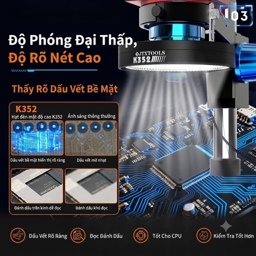 Đèn Led kính hiển vi JTX K352 Coaxial Ring Light, 352 bóng led không bóng đổ