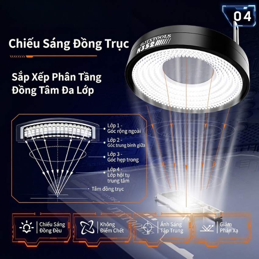 Đèn Led kính hiển vi JTX K352 Coaxial Ring Light, 352 bóng led không bóng đổ - Ảnh 3