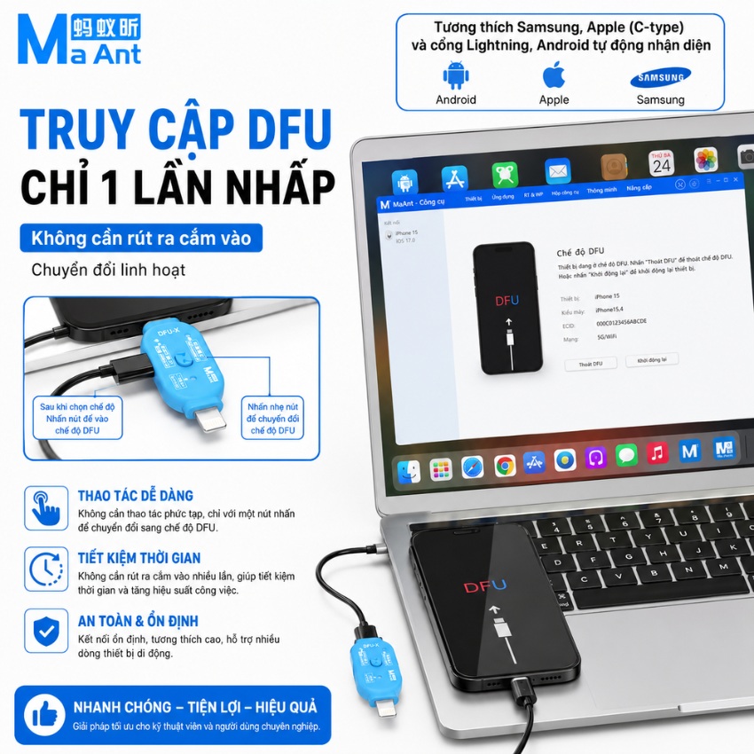 Cáp DFU & Recovery MaAnt DFU-X hỗ trợ iPhone – Samsung, chạy phầm mềm