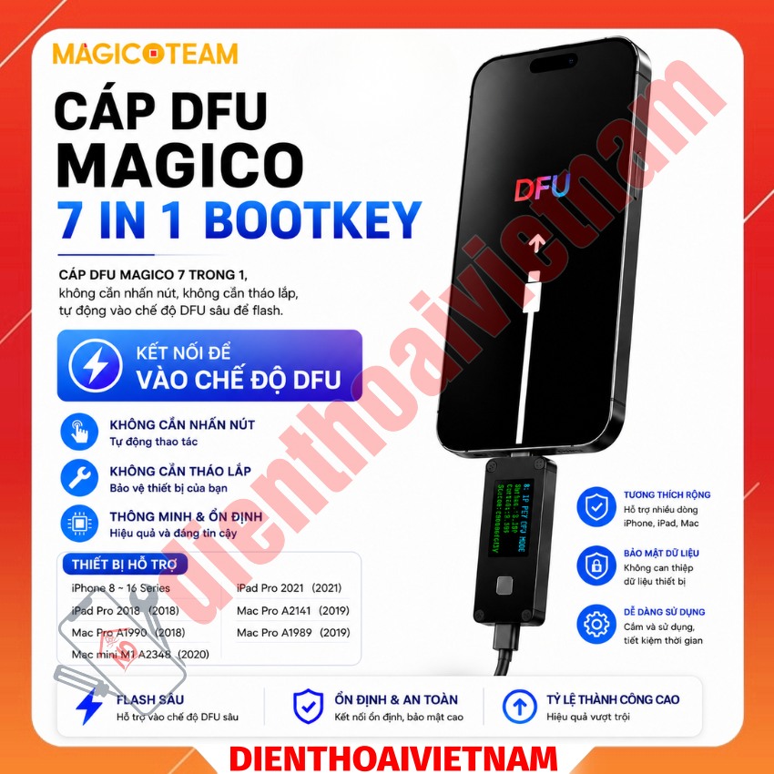 Cáp DFU Magico 7in1 Bootkey hỗ trợ iPhone 8 – 16, iPad, Mac không cần bấm phím, không cần tháo máy