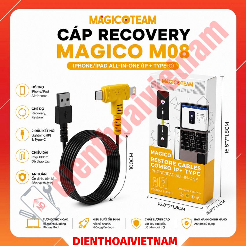 Cáp Recovery Magico M08 Cable Type-C & Lightning chạy phần mềm hỗ trợ iPhone 5S–17 Series, iPad, iPod