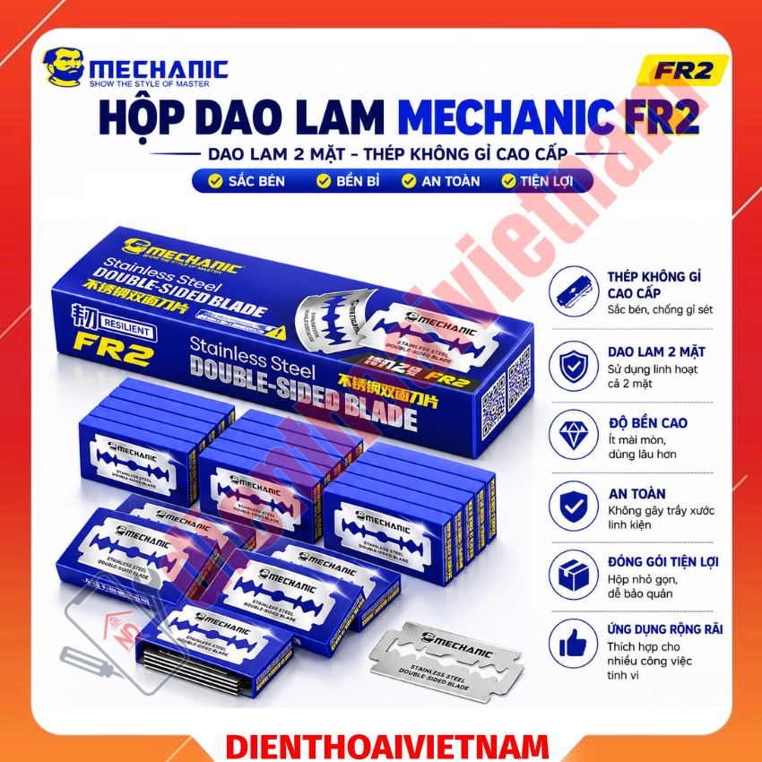 Hộp dao dao Mechanic FR2 Stainless Steel Double-Sided Blade siêu sắc bén, hỗ trợ cạo keo - tách màn