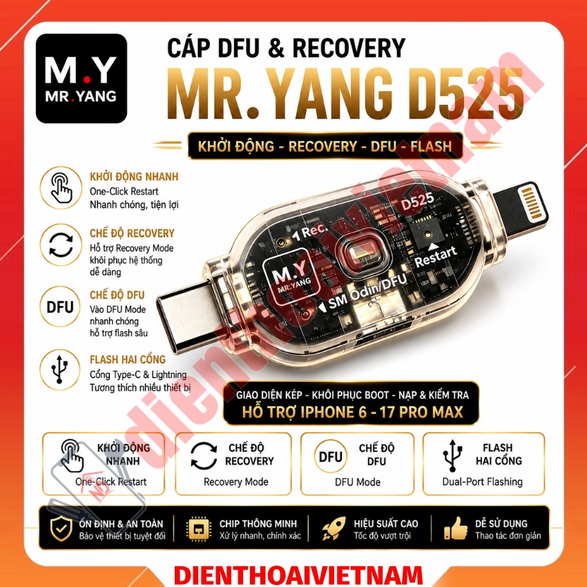 Cáp DFU & Recovery Mr.Yang D525 hỗ trợ iPhone 6 - 17 ProMax, chạy phần mềm