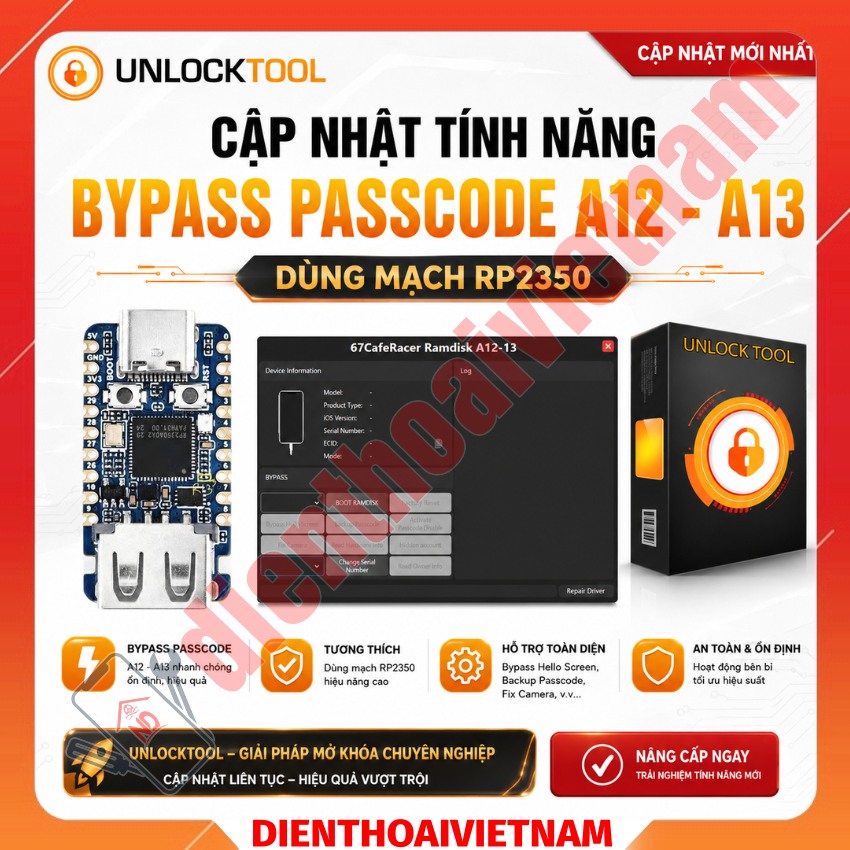 UnlockTool cập nhật tính năng Bypass Passcode A12 - A13 dùng mạch RP2350