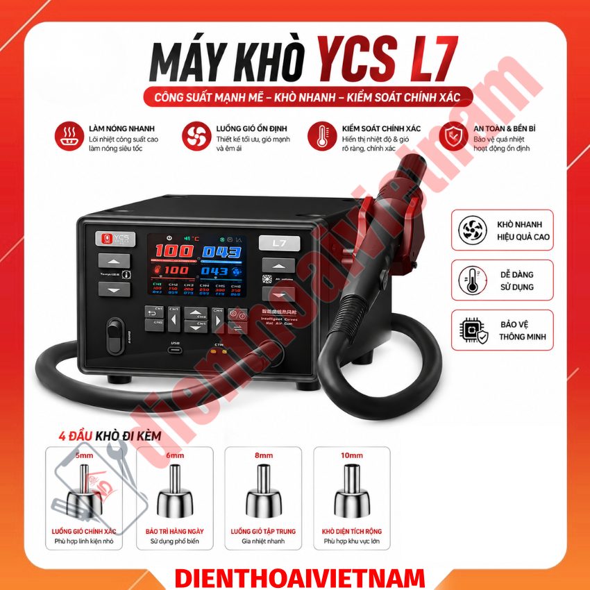 Máy khò YCS L7 Hot Air Gun công suất 1400W, đi kèm 4 đầu khò