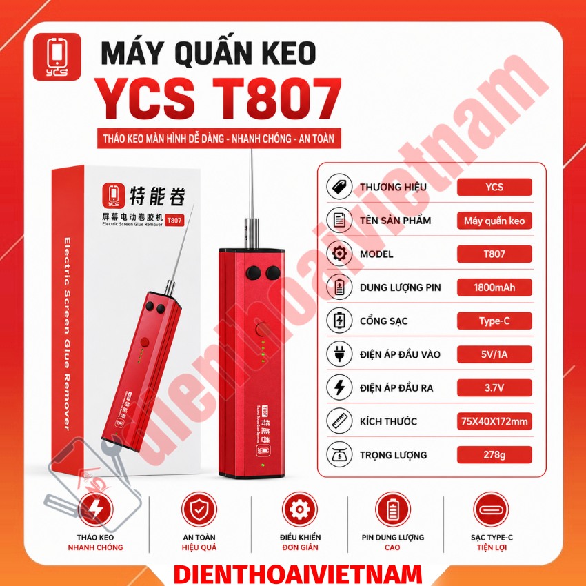 Máy quấn keo YCS T807 Electric Screen Glue Remover, điều chỉnh 4 cấp độ