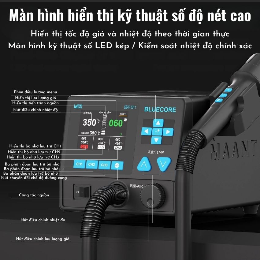 Máy khò MaAnt B11 Intelligent Hot Air Gun cuông suất 1100W, đi kèm 6 đầu khò