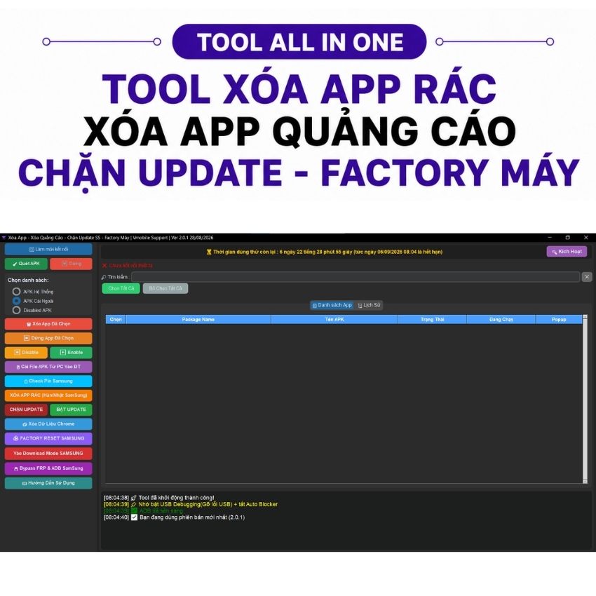 Tool Vmobile Support xóa app rác - Xóa app quảng cáo - Chặn Update - Factory máy