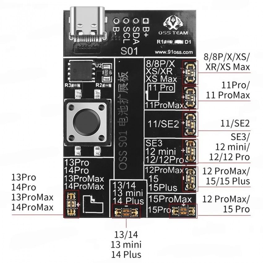 Bo mạch kích hoạt và kiểm tra chu kỳ pin OSS S01 Oss Team hỗ trợ iPhone 8 - 15 Pro Max