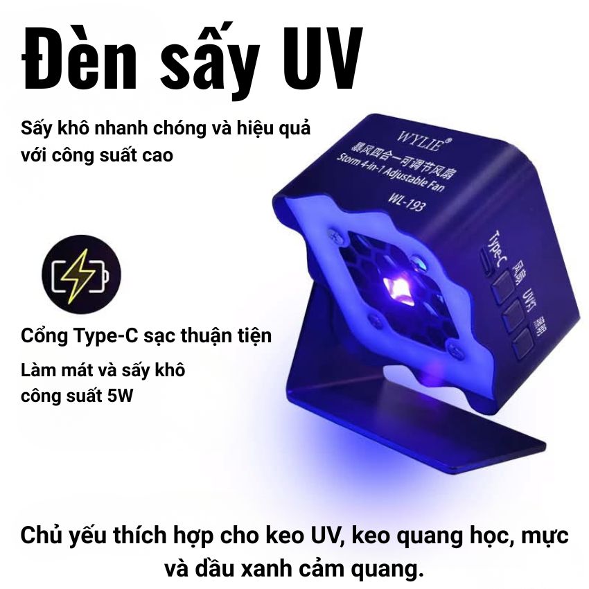 Quạt + Đèn UV Wylie WL 193 Storm 4-in-1 Adjustable Fan hút khói, sấy khô keo nhanh