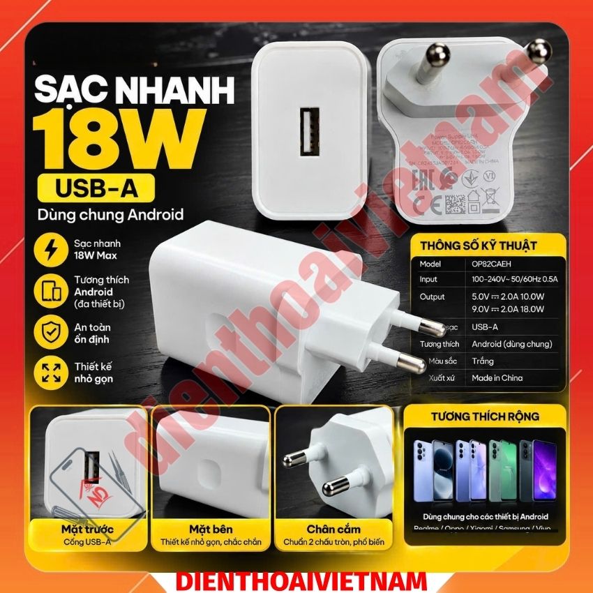 Củ sạc nhanh OPP 18W, dùng chung các dòng Android